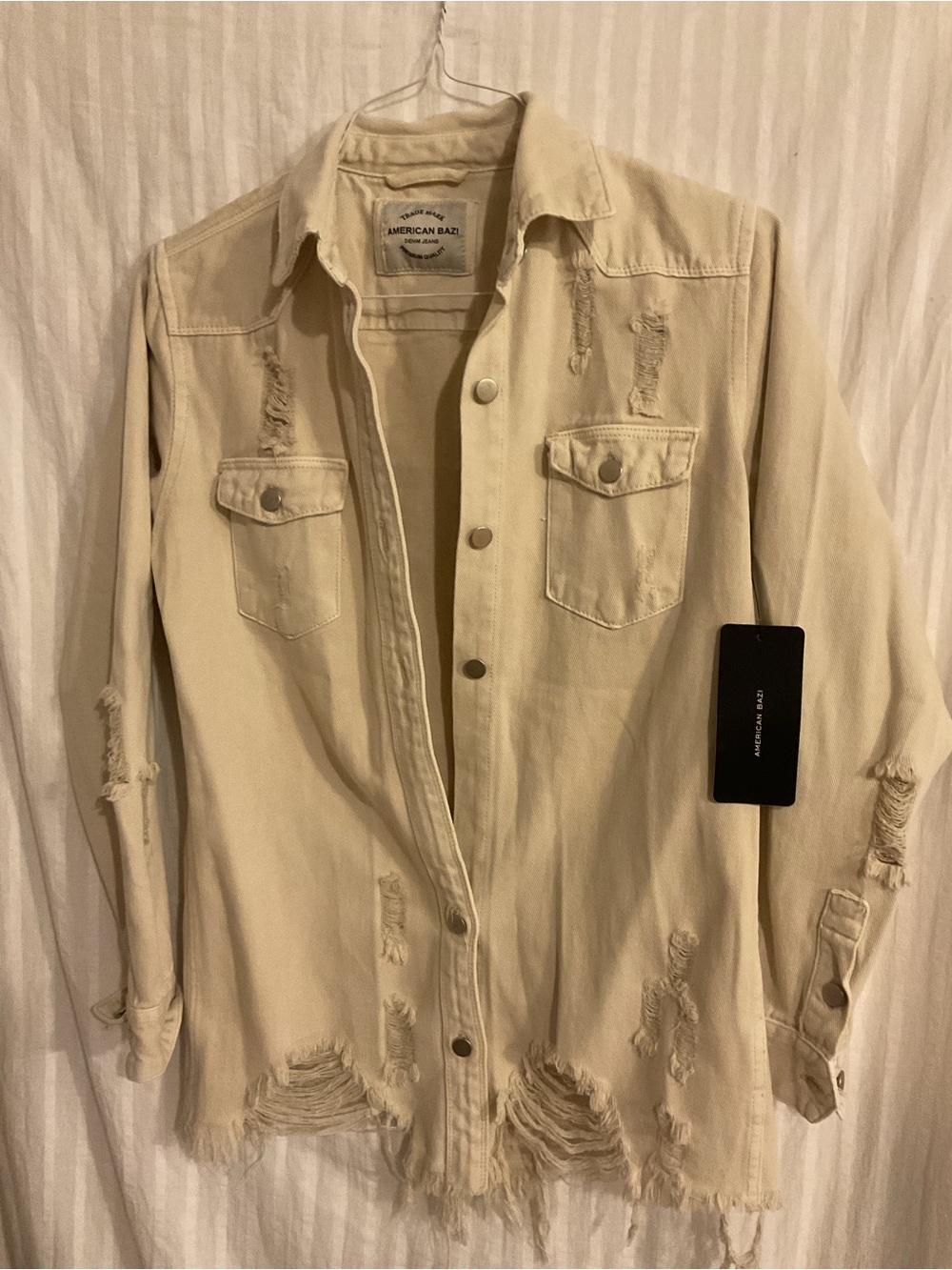 American Bazi Sz.S. Distressed Cream Denim Jacket Frayed Hems Ivory